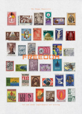 A magazine cover depicting a grid of international stamps.