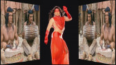 Two skewed images of Native American men holding drums on either side of a person in a sheer red dress and mask, posing for the camera.