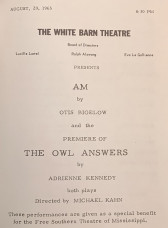 A light pink paper with black typeface announcing the premiere of two plays, AM by Otis Bigelow and The Owl Answers by Adrienne Kennedy. Other printed information includes the time, date and location of the show, the board of directors, and the director.