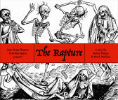 A drawing of a group of skeletons, dancing and playing instruments. In the center of the image, a red banner features black text that reads 