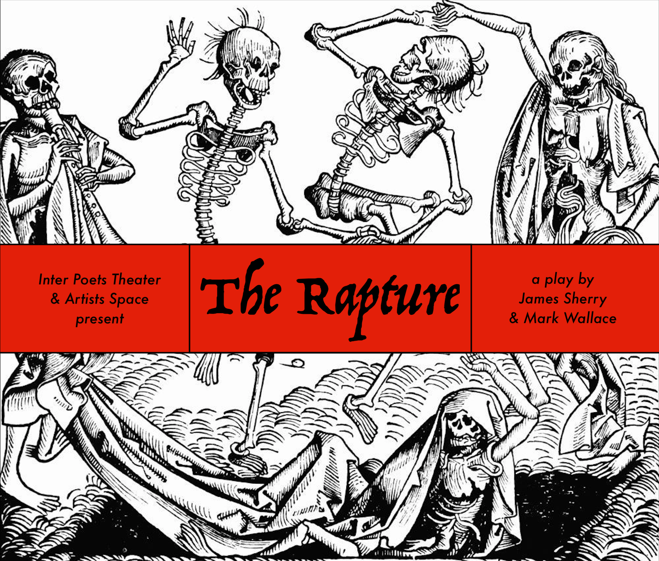 A drawing of a group of skeletons, dancing and playing instruments. In the center of the image, a red banner features black text that reads 