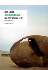 A book cover depicting a a desert with a hollowed-out egg shaped rock in the foreground and a tank in the background.