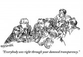 A cartoon drawing of men at a table with text underneath reading, 