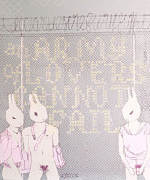 Three human sized creatures with the heads of rabbits stand in front of a fence which has barbed wire at the top. Yellow text in the center reads 