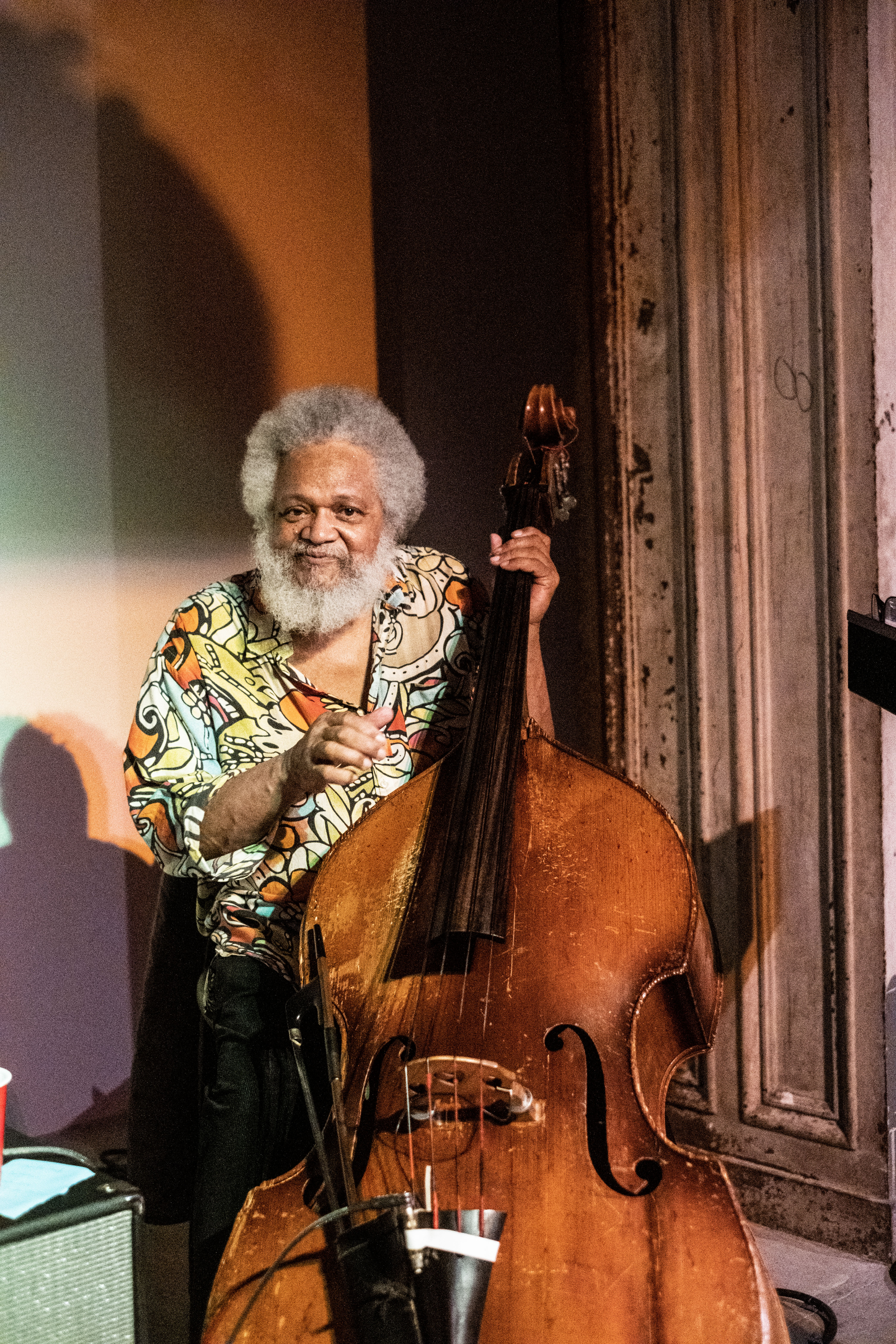 A standing figure looks at the camera while playing the bass.