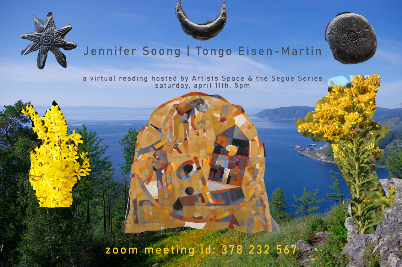 An image of rocks, trees and coastline overlooking a large body of water. Collaged on top of the photograph are cutouts of flowers, carved stones, and a mosaic. Gray text gives details about a virtual reading event, with zoom meeting information written in yellow at the bottom.