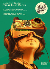 A green poster with white text giving information about a virtual reading event. There is an image at the bottom of a person looking into digital, VR-style goggles with large headphones. Smaller white text in the bottom corner reads, 
