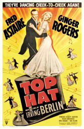 A bright yellow poster for Top Hat (1935) features a man in a black tuxedo with coattails and a woman in a long white dress with a full skirt, captured in exuberant dance atop a black top hat. Orange rays radiate from around the woman, while around them are smaller illustrated vignettes of the dancing couple in various poses amidst music notes. Text at the top of the poster reads 