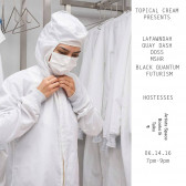 Event poster with performers and time information on the right. On the left, an image of a person putting on full protective medical gear and a white facemask.