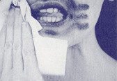 A close up, blue and white halftone image of a figure wiping their mouth with a handkerchief. Their mouth is partially open, exposing their teeth, and a lipstick-like material is smudged around their mouth.