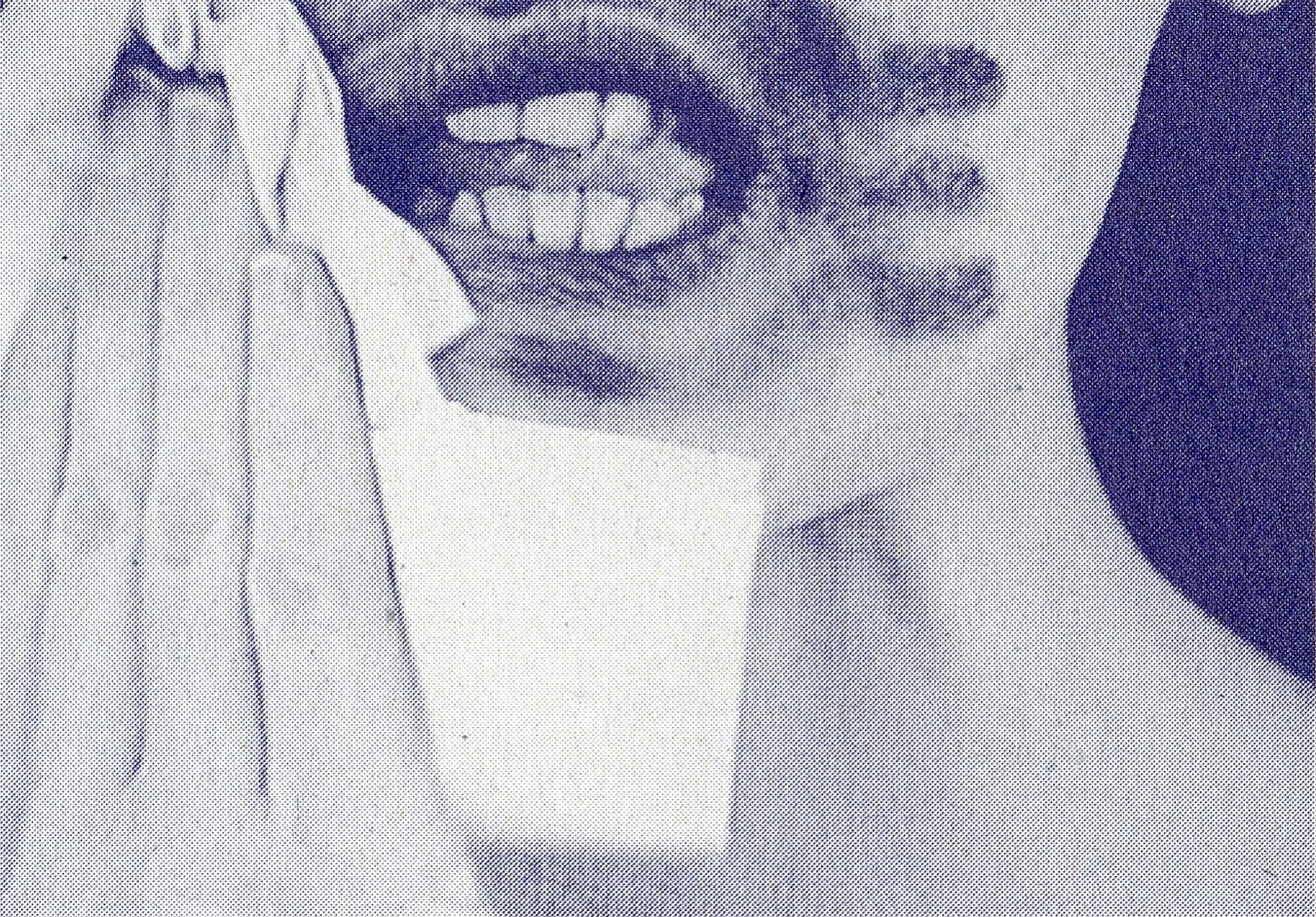 A close up, blue and white halftone image of a figure wiping their mouth with a handkerchief. Their mouth is partially open, exposing their teeth, and a lipstick-like material is smudged around their mouth.