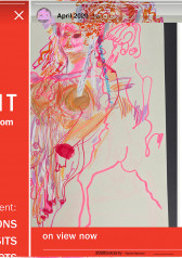 A digitally-collaged image featuring an abstract drawing of a female figure. The figure has been depicted in bright pink, purple, and red hues using sporadic linework. Areas of red color frame the left and bottom sides of the drawing. White text on the red surface is partially cut off by the image's frame. Black text at the top edge of the image reads, 