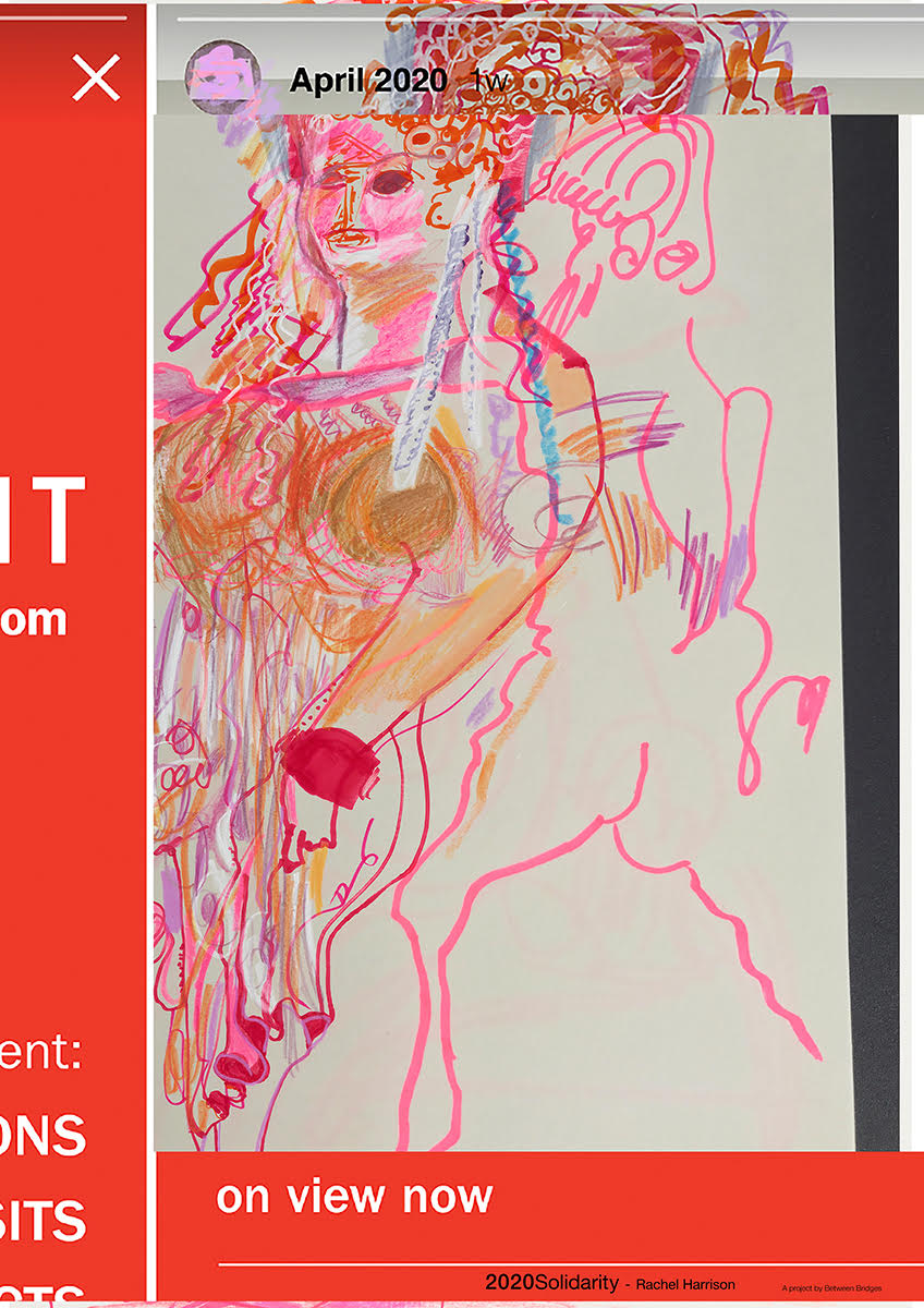 A digitally-collaged image featuring an abstract drawing of a female figure. The figure has been depicted in bright pink, purple, and red hues using sporadic linework. Areas of red color frame the left and bottom sides of the drawing. White text on the red surface is partially cut off by the image