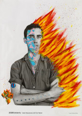 A collaged image featuring a black and white photograph of a figure with short, dark hair wearing a partially unbuttoned shirt against a white background. The figure crosses their arms casually in front of their chest, their right hand holding a lit cigarette. Bright red and yellow strokes of paint resembling fire flames have been painted over the photograph, emerging from the figure's right side. Fragments of a world map have been collaged over the left side of the figure's face. Additionally, an illustration of the Earth and several small illustrations of clocks are collaged along the figure's right arm. A small illustration of a running figure, engulfed by flames, is positioned next to the figure's right elbow. Small black text running along the image's bottom edge reads, 