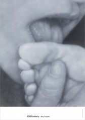 Painting depicting a close-up image of a figure's mouth licking the top side of a foot. A large thumb is pressed against the bottom of the foot, holding it up to the mouth. The painting is composed of soft, muted gray and purple hues. A white band stretches across the lower edge of the image. Black text running along the center of the image's bottom edge reads, 