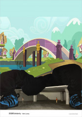 An image featuring a cartoonish illustration of a purple bridge crossing over a stream in a fantasy landscape. Medieval houses dot the riverbank across the bridge, and mountains are visible in the distance. A black mass vaguely resembling two pant legs emerges below the illustration. The mass rests on a small highway underpass, underneath of which three figures stand or walk. Two large blue sneakers emerge from the right and left ends of the black mass, resting at the image's lower corners. A white band runs across the bottom of the image. Small black text running along the lower edge of the image reads, 