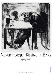 Black and white illustration of two people sitting at a square table, their bodies leaning forward, cheeks pressed to the tabletop while kissing. A half-empty bottle of wine and two wine glasses are positioned on the corner of the table. Below, sans serif text reads 