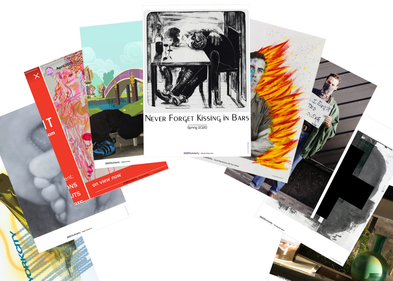 An array of posters spread out over a white backdrop in an arched line. The posters display a variety of colorful designs and images of artworks. The poster at the center of the spread features a black and white illustration of two people sitting at a table, cheeks pressed to the tabletop while kissing. Below them, sans serif text reads "Never Forget Kissing in Bars."