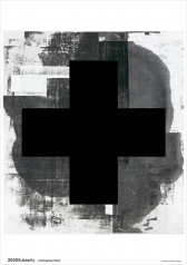 A black and white image featuring a large, dark shape that resembles a plus sign. The plus sign sits at the center of a white backdrop covered by various irregular markings, including a large ink blot and print markings. While the surface of the plus sign is opaque, the background markings are slightly transparent. Small black text placed at the image's lower left corner reads, 