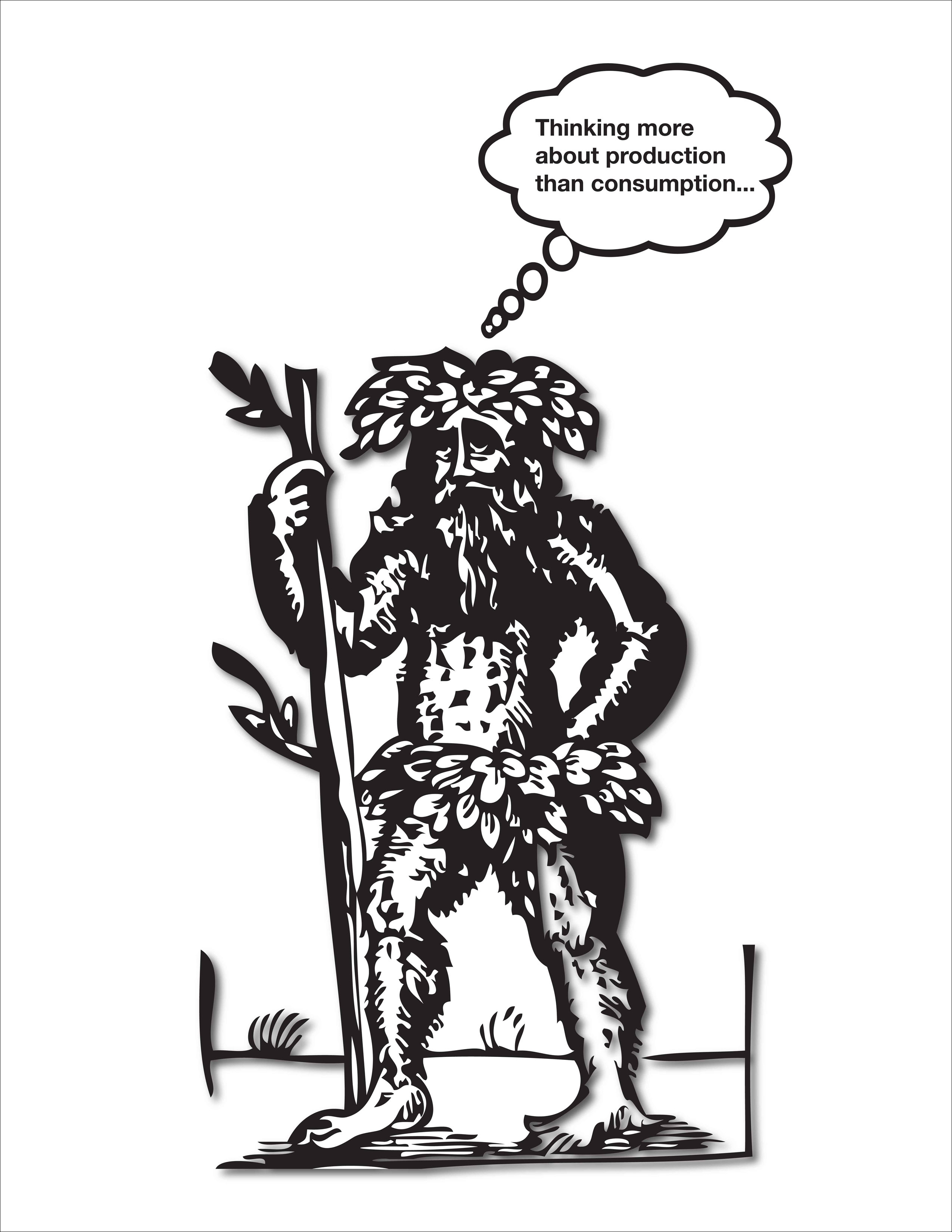A black and white graphic illustration of a primitive man with leaves encircling his head and his waist, leaning on a branch. The thought bubble above his head reads 