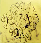 Assorted animals, including tropical fish, birds, reptiles, a cat, dog, and rabbit are drawn in black marker on yellow paper.