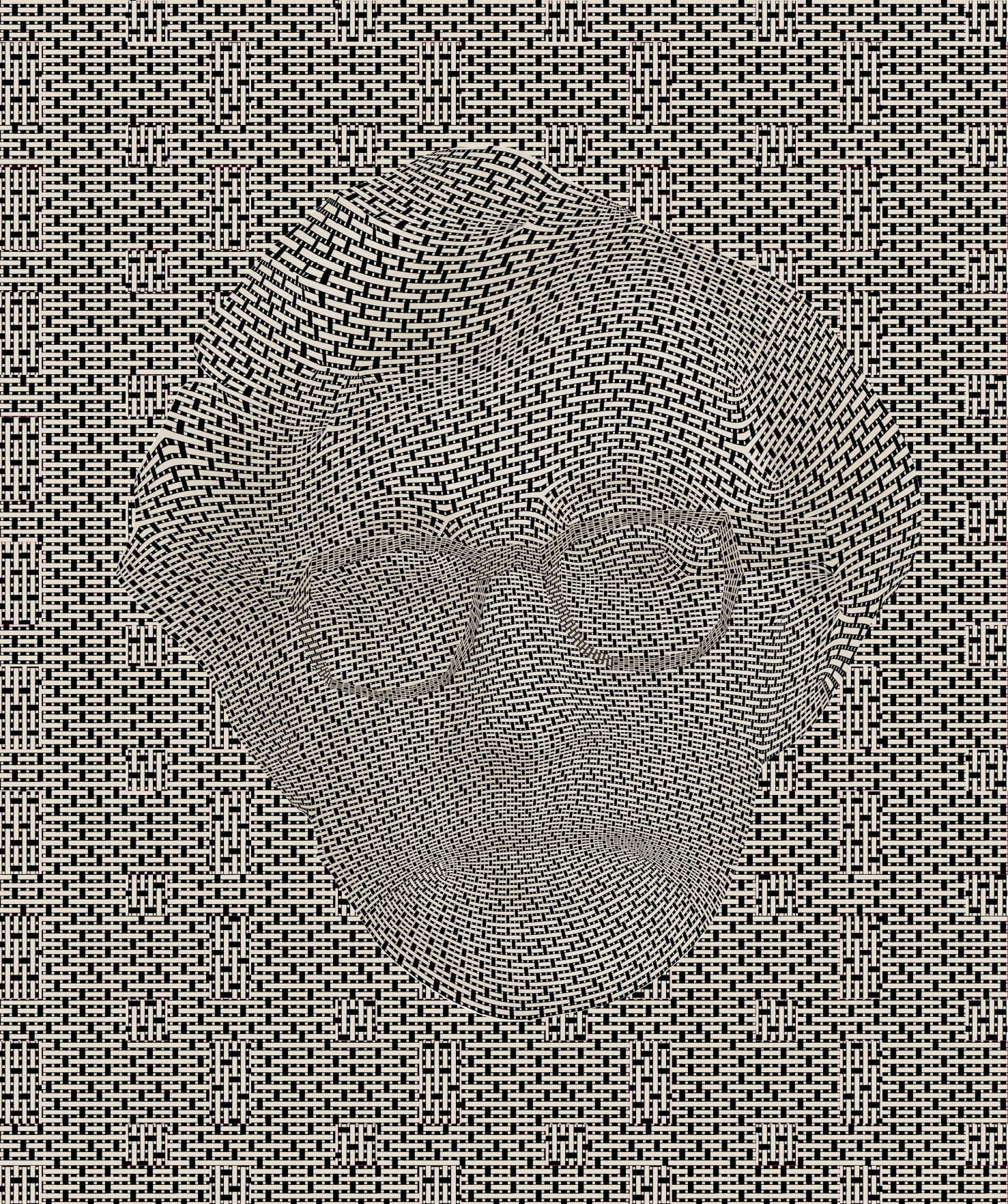 A black and white superform of a man's head, comprised of small rectangular shapes.