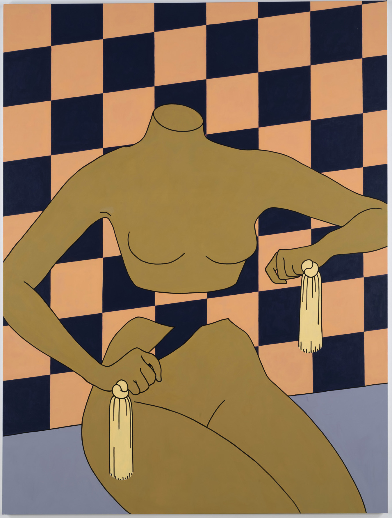 A graphic illustration of a headless female mannequin is seated against a checkered background. Her arms suggest the motion of tightening a sash around her waist, but the implied fabric around her body is missing from the image, leaving an empty space that divides her body in two halves.