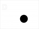 A white rectangular image with an opaque black circle in the center right, and a capital D outlined in black in the top left of the image.