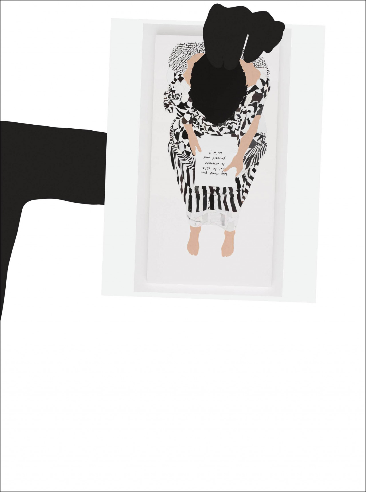 A collage-style image of a person sitting on a square object, perhaps a floor mat, viewed from the top-down. Black-and-white, aside from the person