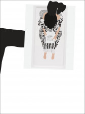 A collage-style image of a person sitting on a square object, perhaps a floor mat, viewed from the top-down. Black-and-white, aside from the person's exposed tan collar, hands and forearms, and feet. They are wearing a black-and-white checkered dress, and have black hair. The figure is looking at an upside-down text, reading 