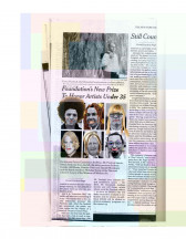 A black-and-white scan of a page of The New York Times newspaper, folded in half lengthwise. A translucent geometric pattern is visible across the image, with washed out pinks, greens, blues, and yellows. The visible story is a continuation from the story featured on the first arts page, titled 