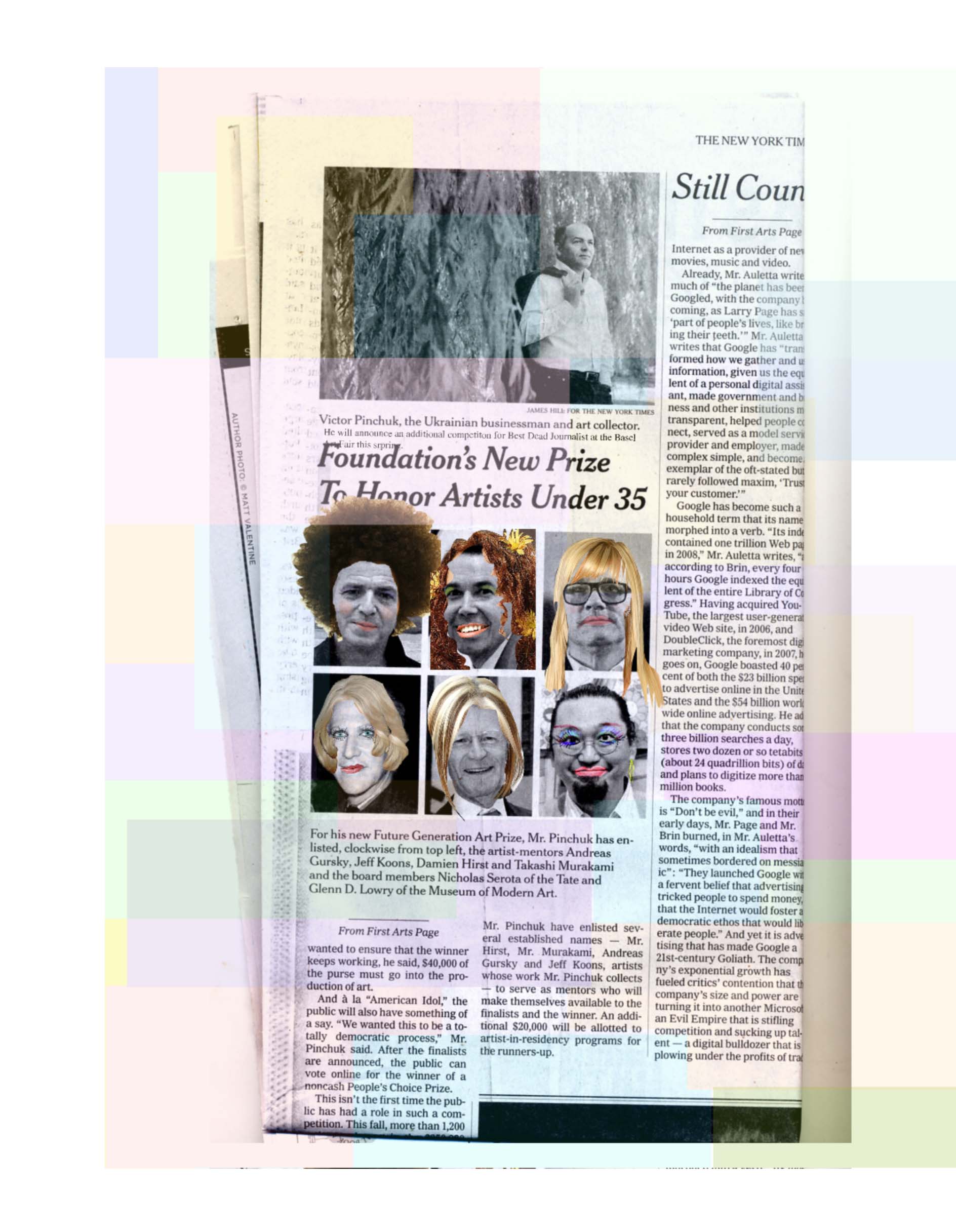 A black-and-white scan of a page of The New York Times newspaper, folded in half lengthwise. A translucent geometric pattern is visible across the image, with washed out pinks, greens, blues, and yellows. The visible story is a continuation from the story featured on the first arts page, titled 