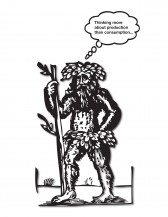 An image depicting a digitally-created cartoon-style black-and-white humanoid figure standing upright, holding a stick. He has a long beard, hair across his body, and leaves as a skirt and hat. A thought bubble appears above his head, with sans-serif text stating 