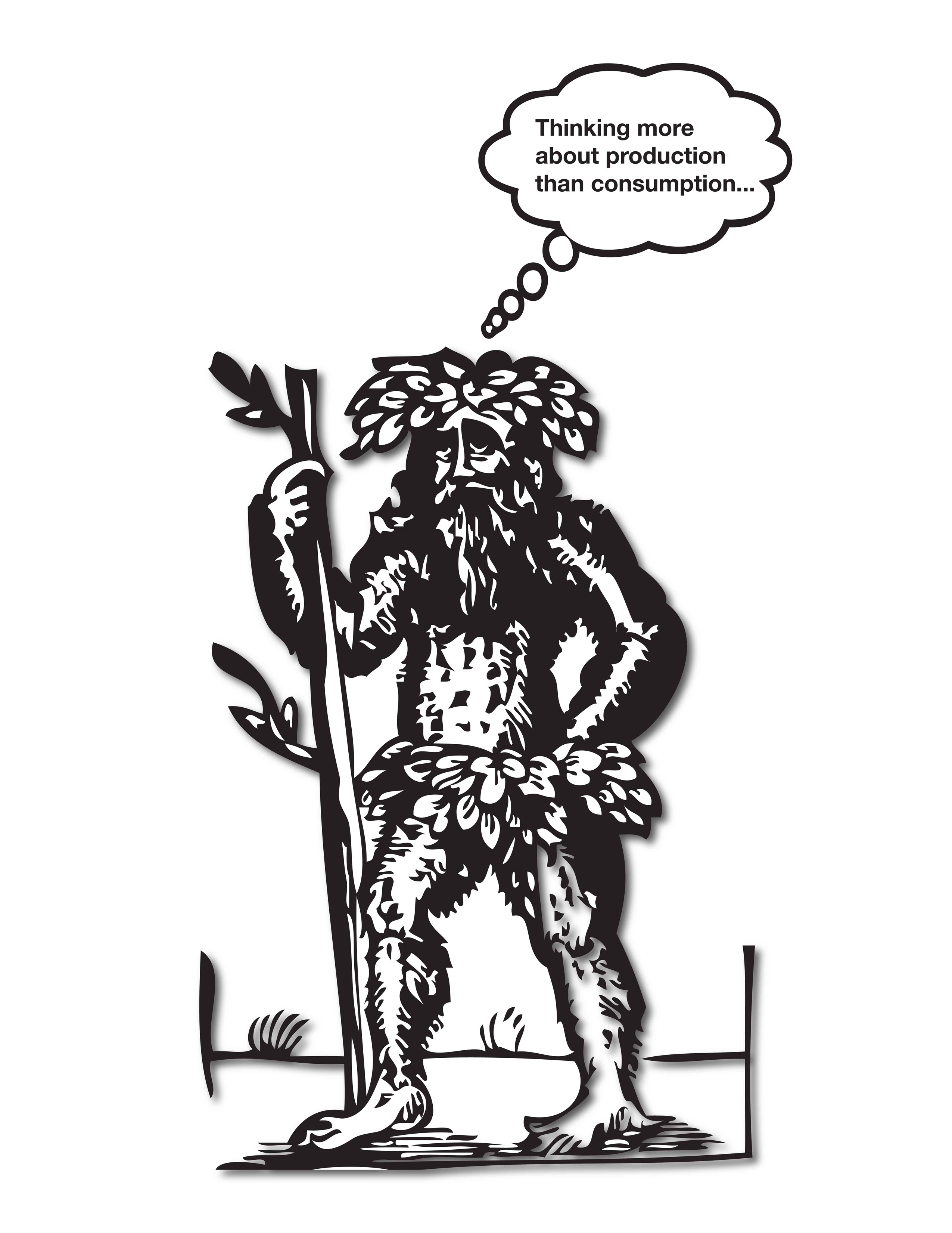 An image depicting a digitally-created cartoon-style black-and-white humanoid figure standing upright, holding a stick. He has a long beard, hair across his body, and leaves as a skirt and hat. A thought bubble appears above his head, with sans-serif text stating 