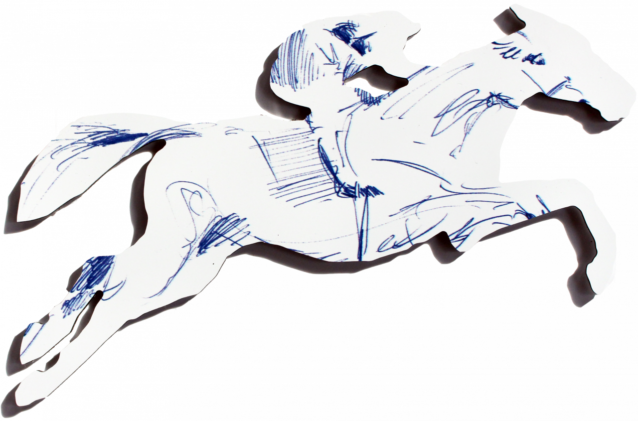 A silhouette figure of a person riding a horse, mid-stride. The combined figure appears as a white cut-out, with a black shadow, on a transparent (alpha) background. Details are sketched onto the silhouette in blue pen.