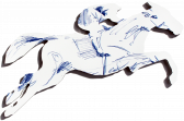 A silhouette figure of a person riding a horse, mid-stride. The combined figure appears as a white cut-out, with a black shadow, on a transparent (alpha) background. Details are sketched onto the silhouette in blue pen.
