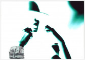 An inverted color-like green, black, and white, overexposed image of a person wearing a hat, holding thier hands to their face. Most of their facial features are overexposed and not visible. In the bottom right of the image, a grey image is overlaid, as if cut-out, depicting various unidentifiable objects.