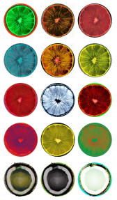 A 3x5 grid of false-color stickers. The top four rows depict fruits cut in half resembling a grapefruit or orange. The last row depicts a coconut cut in half. A handful of stickers have a think line of black and white checkerboard pattern added to the perimeter of the fruit.