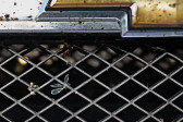 A close-up photo of the front grille of a car, depicting the bottom half of the Chevrolet logo and a section of the front metal grille. Several bugs are visible, dead and stuck to the grille.