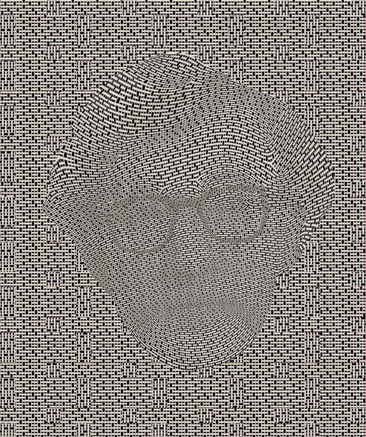 A black-and-white image, tiled across with tiny, interlocking patterns, similar to a Pacman level. The pattern is skewed - made more or less dense - to form the curvature of a face with dark glasses.