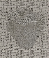 A black-and-white image, tiled across with tiny, interlocking patterns, similar to a Pacman level. The pattern is skewed - made more or less dense - to form the curvature of a face with dark glasses.