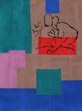 A gestural line drawing of two figures embracing set against a geomatric pattern of blue, teal, brown, red, and pink rectangular forms.