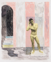 A photo and drawing collage featuring the image of a man in contrapposto with a phone to one ear. In the background, stairs leads into an arched passageway.