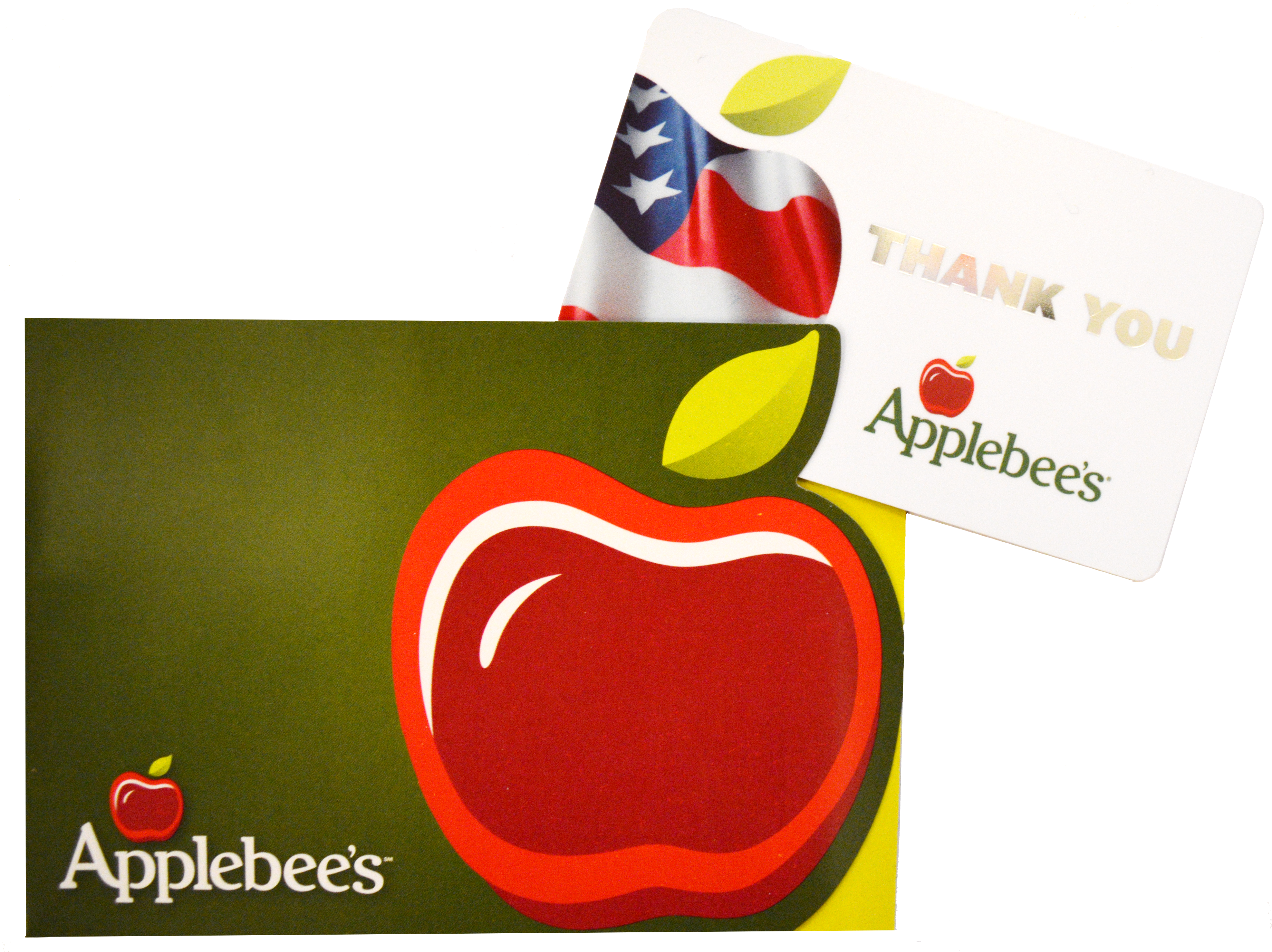 Gift cards features Applebee's branded logo of a red apple. Verso of the card shows the apple design with an American flag and says 