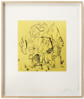 Assorted animals, including tropical fish, birds, reptiles, a cat, dog, and rabbit are drawn in black marker on yellow paper.