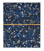 A print of marbled, amorphous forms in blue, grey, and white is centrally intersected by a horizontal orange band.