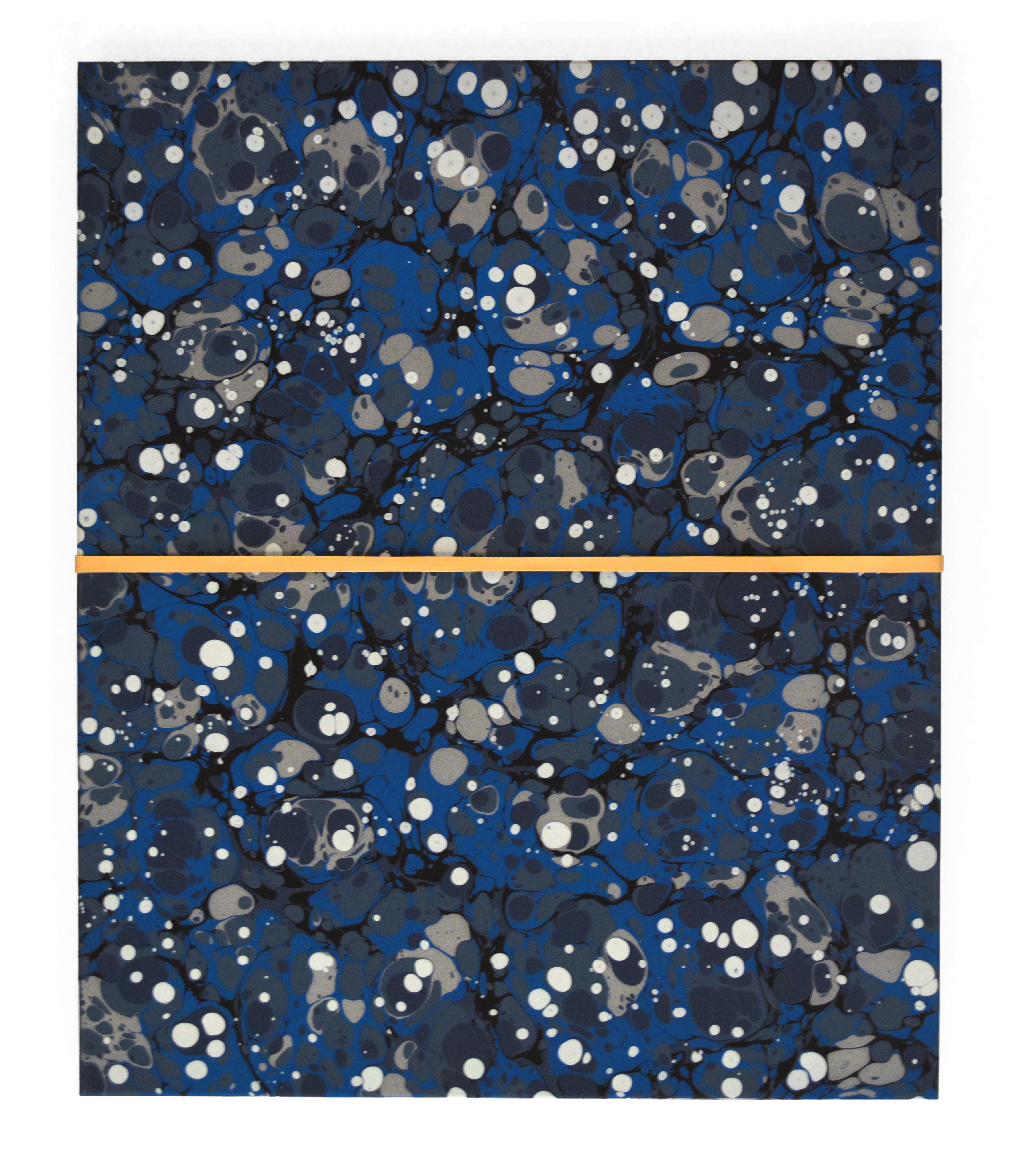A print of marbled, amorphous forms in blue, grey, and white is centrally intersected by a horizontal orange band.