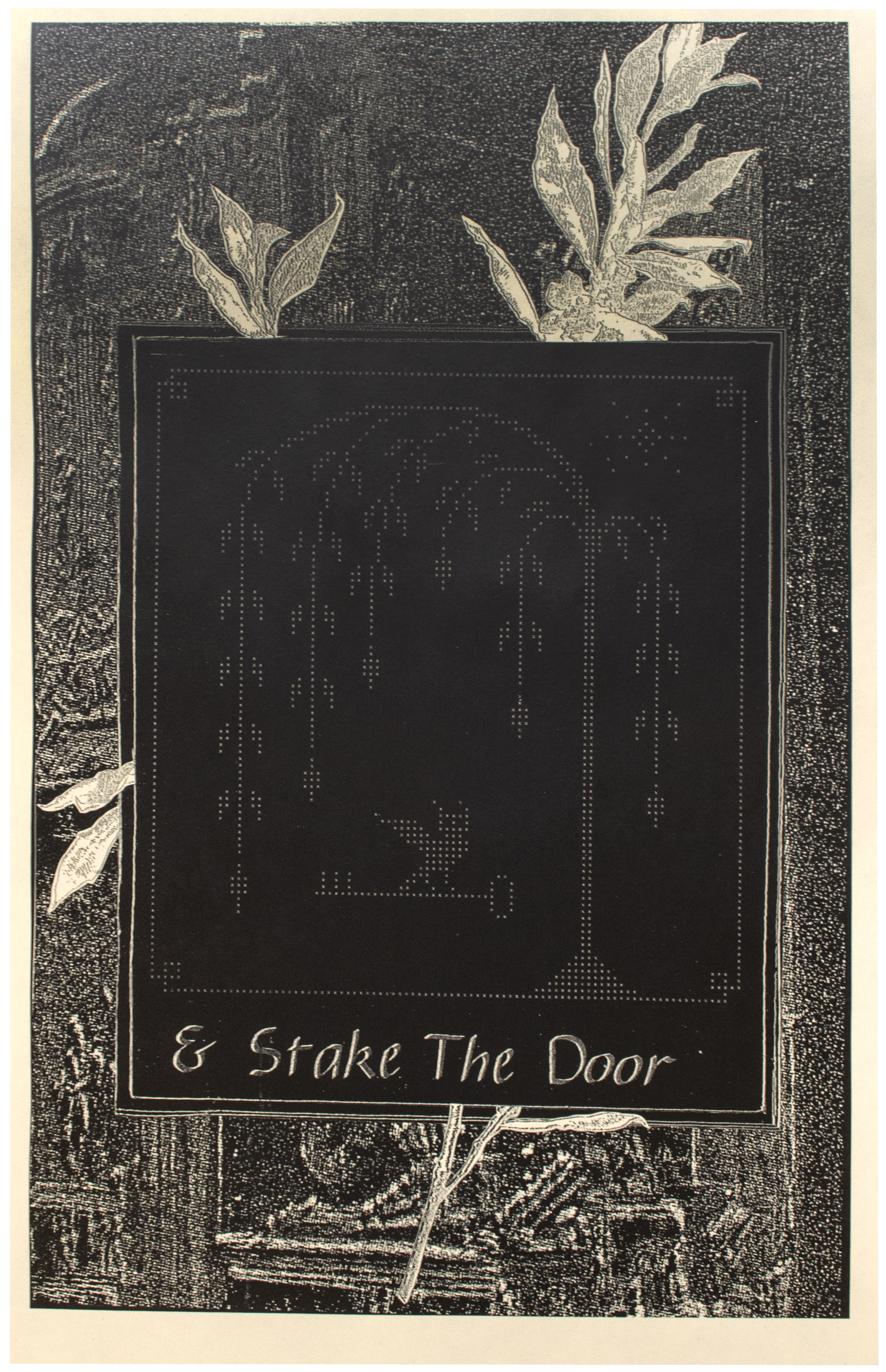 Black and white print includes details of a branch and a willow tree with a bird sitting on a key. Text reads 