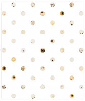 A spotted pattern against a white ground, with each spot having a unique stain, splatter, or drops of ink.