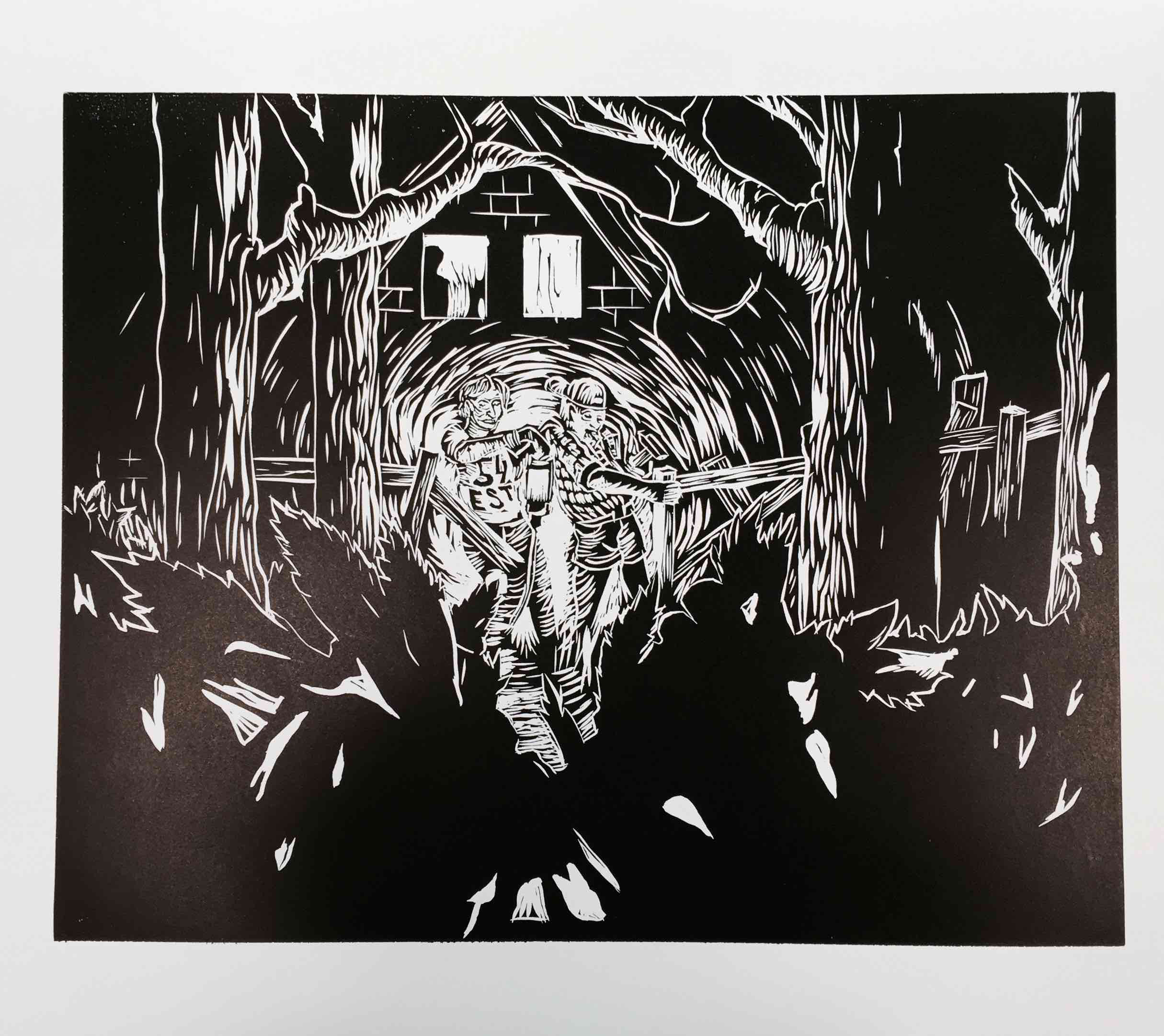 Black and white depiction of two figures in the woods at night. One is is hammering a fence post by the light of the lantern held by the second person.